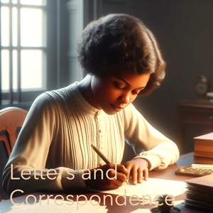 An African American woman circa 1940s era sits at a desk writing a letter.